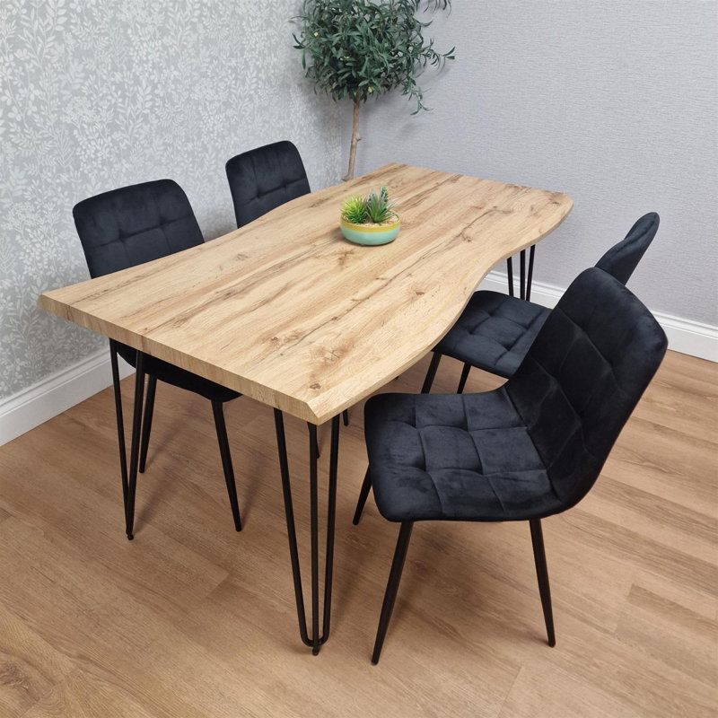 Wooden Dining Table and 4 Velvet Chairs - Stylish Dining Room Furniture, Black, 75cm H x 117cm W x 77cm D
