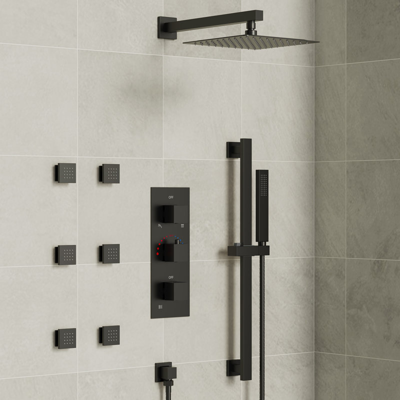Système de douche thermostatique, robinet de douche à pluie haute pression 12 "avec valve brute, Noir mat