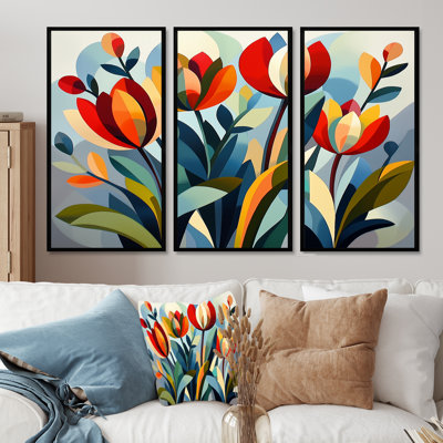 «Green Mid Century Mod Nature Tulip V», ensemble d'art mural abstrait Mid-Century
