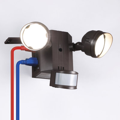 Watchman LED Security Light with GFCI Outlets, Motion Sensor Outdoor Flood Light, 2 Heads, Bronze