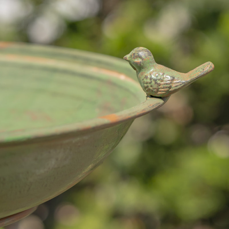 Green Ornate Metal Pedestal Birdbath with Cast Iron Birds