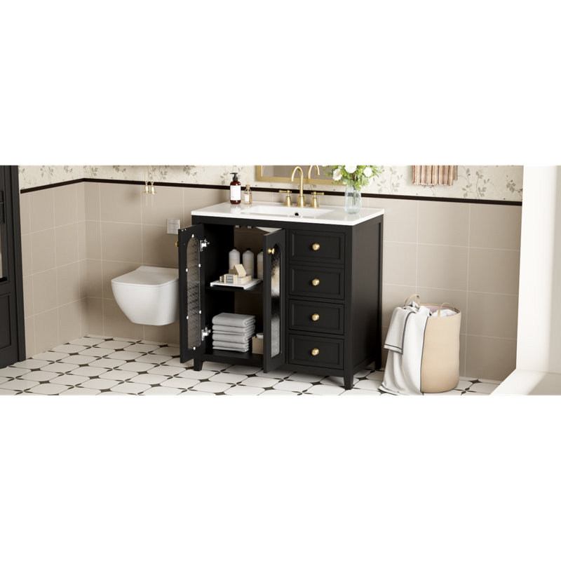 Meuble-lavabo avec porte en verre / tablettes réglables / et trois tiroirs / meuble-lavabo, Noir