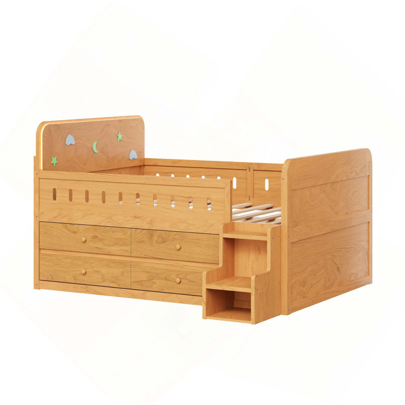 Lit double en bois avec lumière DEL, tiroirs de rangement et fabrication en bois durable pour une vie confortable et organisée