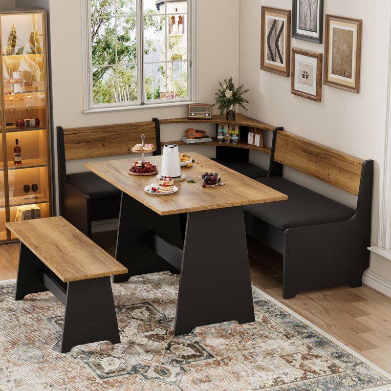 Ensemble de coin-repas de coin avec coussin, table de salle à manger en forme de L et banc rembourré, banc de coin-ferme en bois pour 5 personnes avec rangement caché