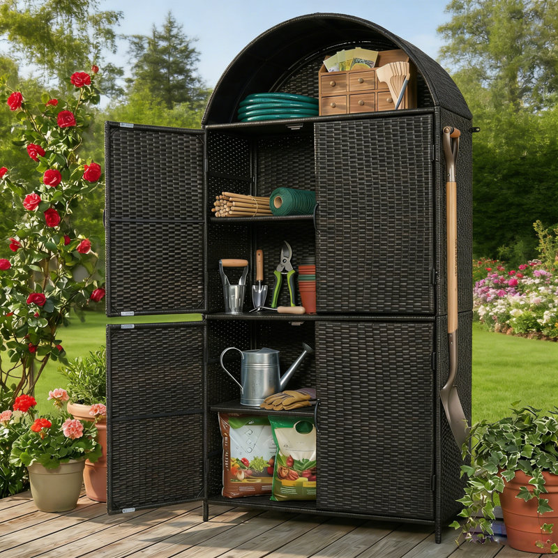 72" Arched Wicker Outdoor Storage Cabinet With Adjustable Shelves & Side Hooks, Brown/Black