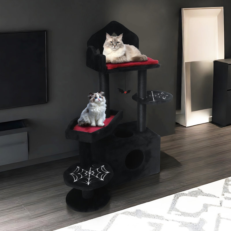 Arbre à chat de style noir avec forme de maison, espace de repos confortable et meubles à griffes renforcés avec coussin moelleux