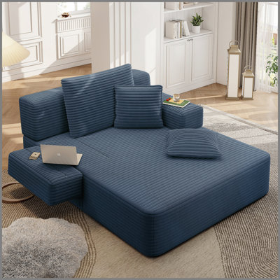 Luxueuse chaise longue en velours côtelé moelleux avec 3 coussins, canapé-lit convertible avec poche de rangement, conception sans cadre et mousse à compression pour les petits espaces, salon, appartement, bleu