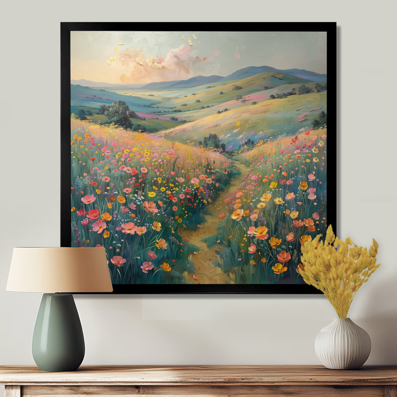 «Pink Romanticist Flower Summer Meadows II - Desert», reproduction d'art murale, Cadre simple noir, H 16 po x l 16 po