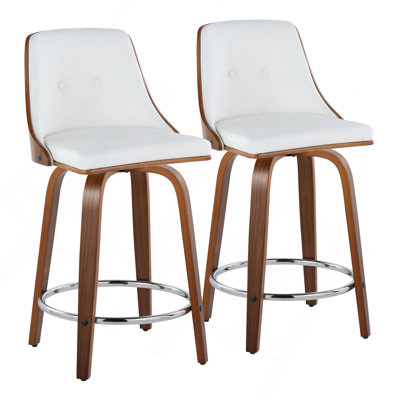 Gianna 24 Mid-Century Modern Fixed-Height Counter Stool With Swivel In Walnut Wood And White Faux Leather With Round Chrome Metal Footrest By Lumisource - Set Of 2
