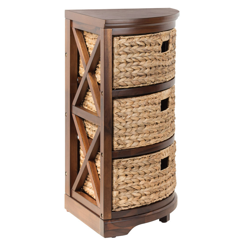 Breunig Solid Wood 3 Drawer X-Side Corner Storage Drawer with 3 Wicker Baskets, Quarter Round, For Small Spaces, Walnut