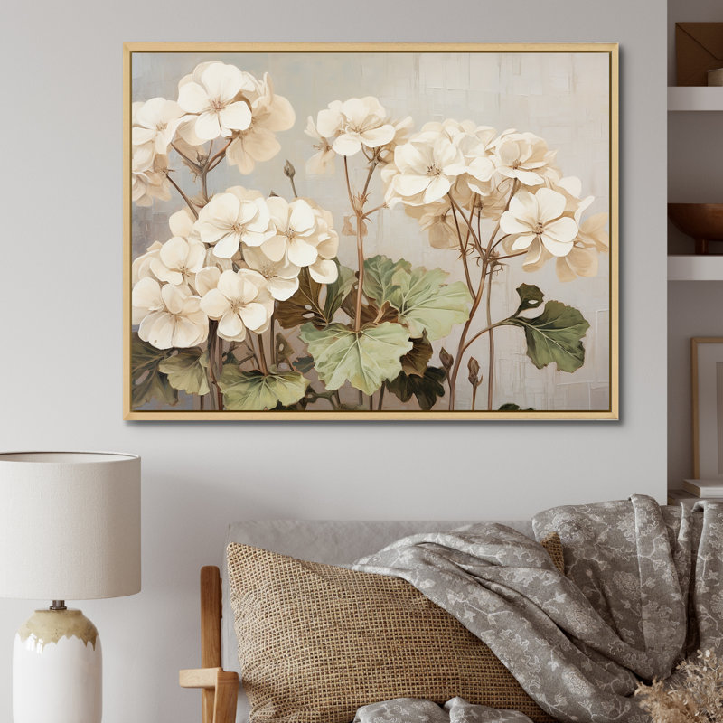 Minimalisme beige géraniums III - impression, Cadre naturel flottant, H 16 po x l 32 po x P 1 po