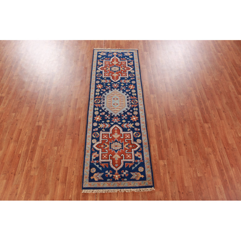 Tapis de couloir indien bleu Kazak