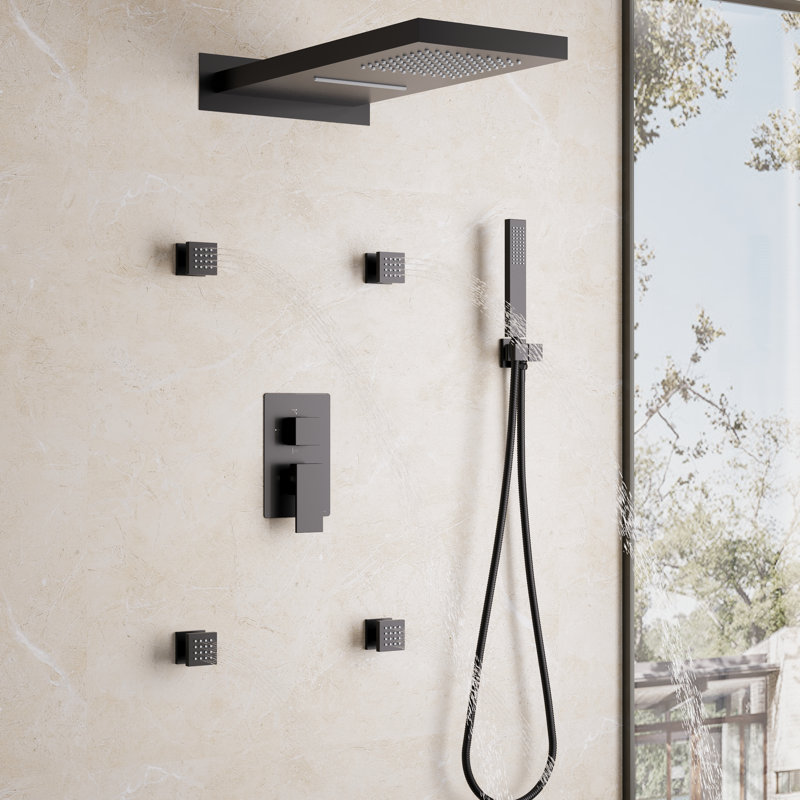 Système de douche à 3 fonctions avec pomme de douche rectangulaire de 22 po, jets de corps et douche à main (valve incluse)