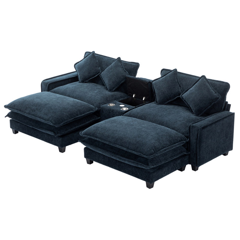 111" Sectional Sofa Chenille Upholstered Sofa With Two Removable Ottoman, Two USB Ports, Two Cup Holders And Large Storage Box For Living Room