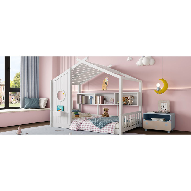 Twin Size Floor House Bed, Bed With Semi - Enclosed Play Area, Storage Shelf, Construction White For , Space, Pine Frame