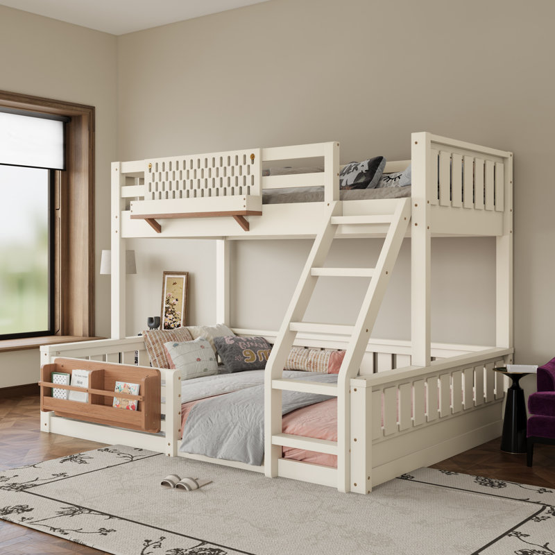 Twin XL Over Queen Solid Wood Bunk Bed with Pegboard and Bookshelves, Beige, Twin XL Over Queen