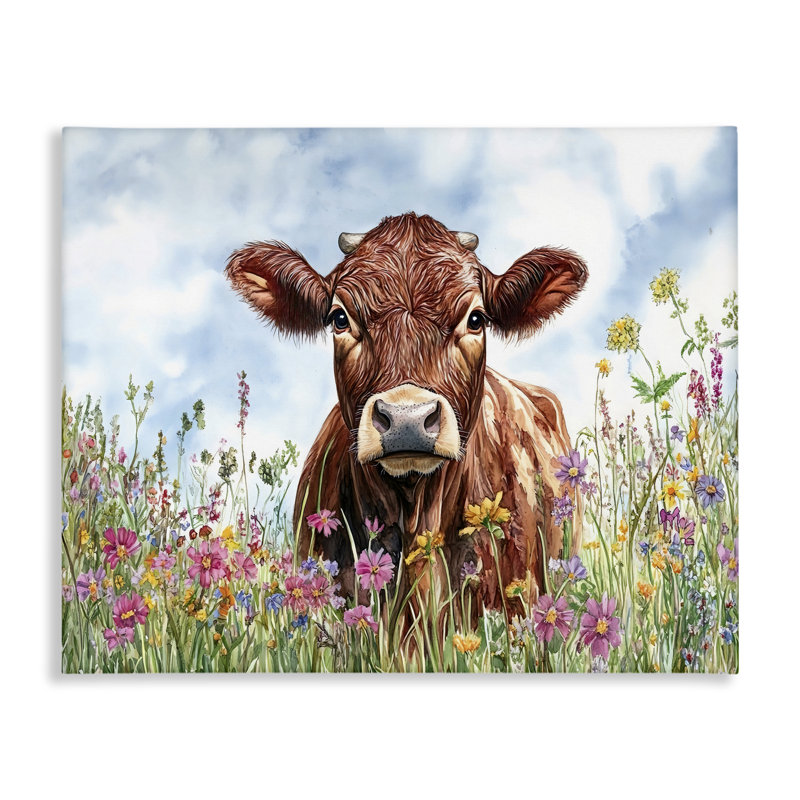 «Angus Cow in Field Of Flowers», art mural par Franklyn Gregory, H 24 po x l 30 po