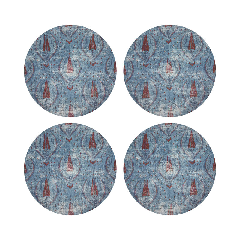 Jewel White Vegan Leather Round Coasters, Blue