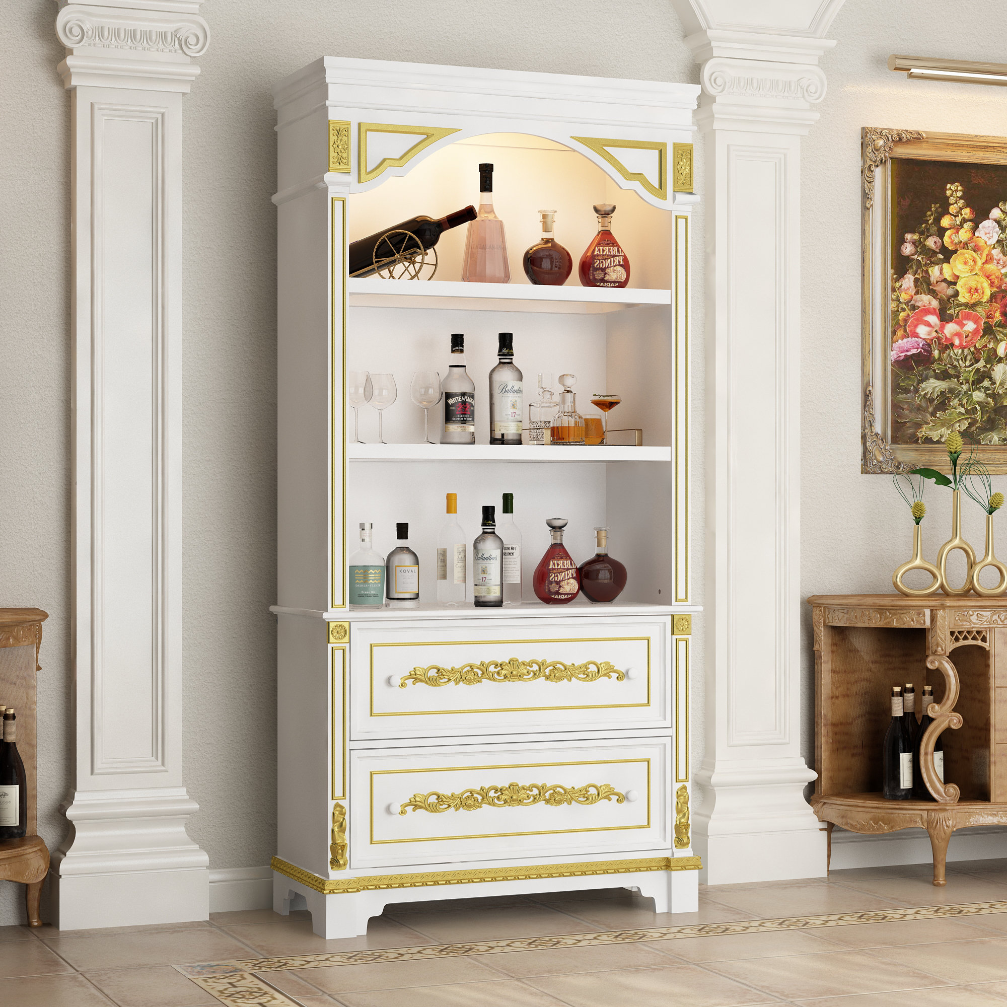 Latitude Run® White Vertical Wine Bar Cabinet With Glass Shelves ...