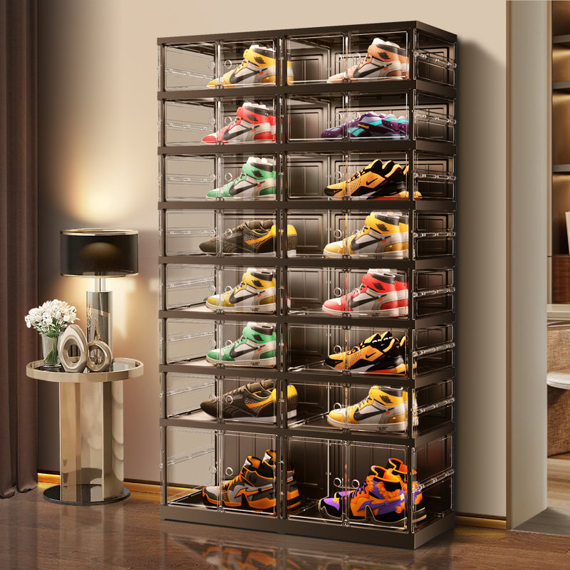 Armoire de rangement à chaussures empilable en plastique à 8 niveaux pour 16 à 32 paires, Noir, noir, noir, noir