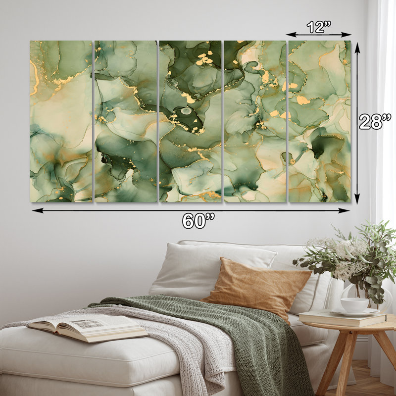 «Green Luxury Abstract Fluid Art I», reproduction d'art sur toile moderne - 60 x 28 - 5 panneaux