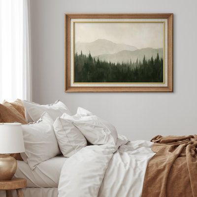 «Foggy Evergreen Forest with Layered Mountains», reproduction d'art sur papier encadrée