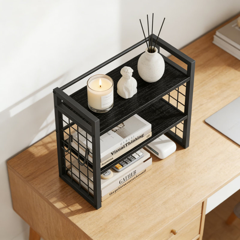 Organisateur de bureau à hauteur réglable, bibliothèque de bureau à 2 niveaux pour fournitures de bureau, livres et décoration, support de rangement multifonctionnel avec crochets pour le bureau à domicile et la chambre à coucher