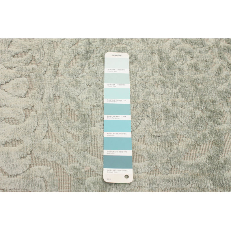Tapis géométrique en soie tissé à la main vert clair / ivoire