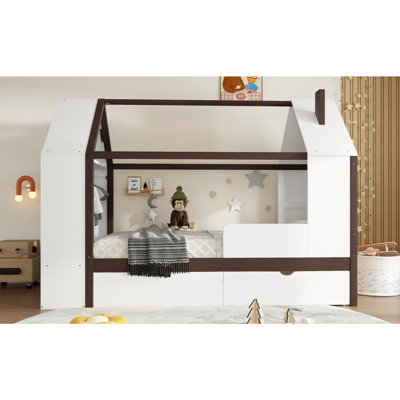 Lit plateforme simple avec tiroirs, lit maison en bois massif avec tablettes, conception enfantine, blanc et espresso