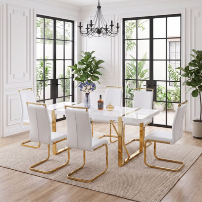 Ensemble de salle à manger 7 pièces rectangulaire moderne ultrabrillant Glam avec chaises en porte-à-faux en similicuir