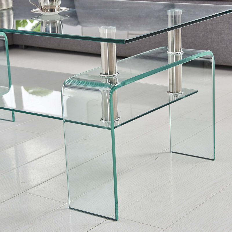 Table basse en verre trempé, table basse moderne en verre pour le salon, table basse avec rangement à 2 niveaux avec pieds