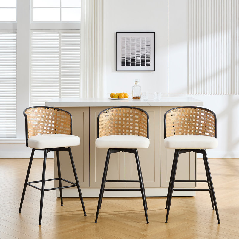Cane Back Swivel Upholstered  Stool, Bar Stool (29” Seat Height), Cream
