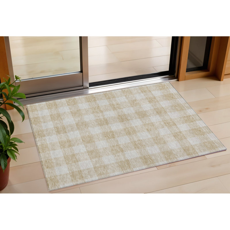 3' X 5' Beige And Gray Plaid Washable Indoor Outdoor Area Rug
