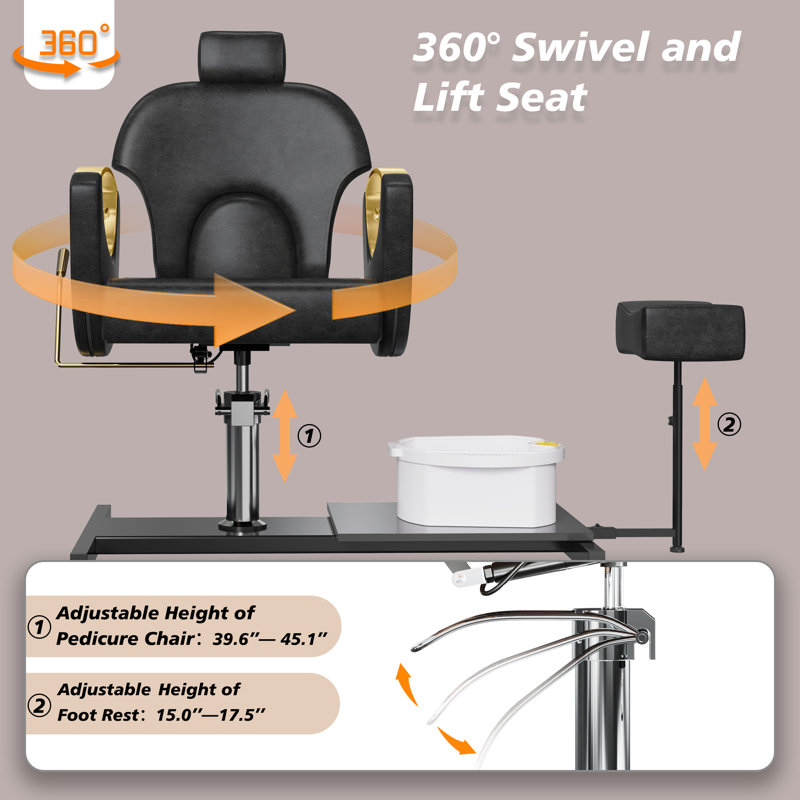 Pedicure Chair With Massage Foot Bath, 360 Degree Swivel Foot Spa Chair, Black Leather