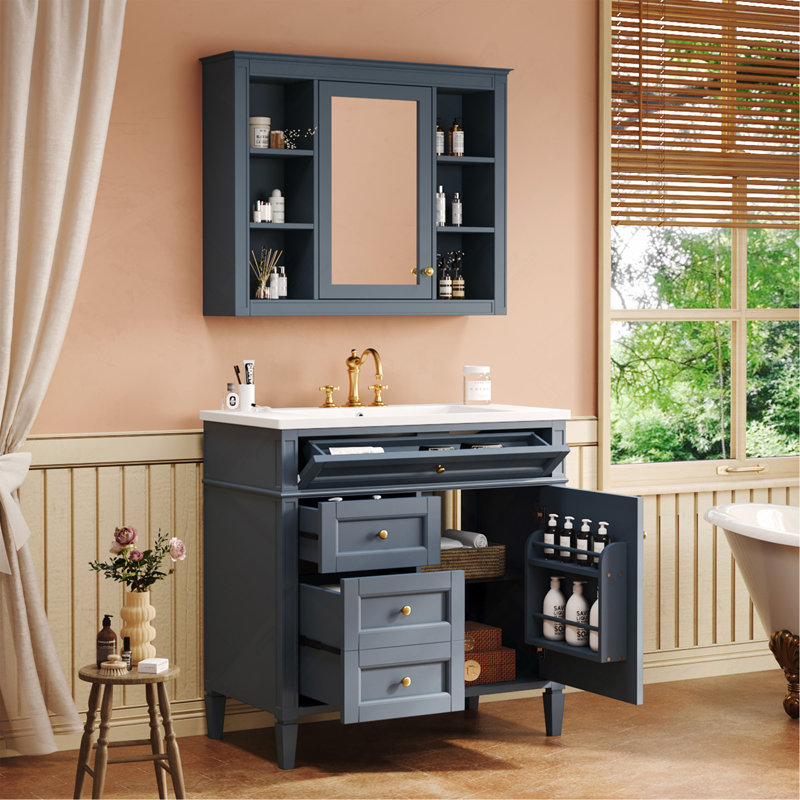 Meuble-lavabo 36 po avec armoire à pharmacie, armoire de rangement moderne avec 2 portes à fermeture douce et meuble-lavabo simple