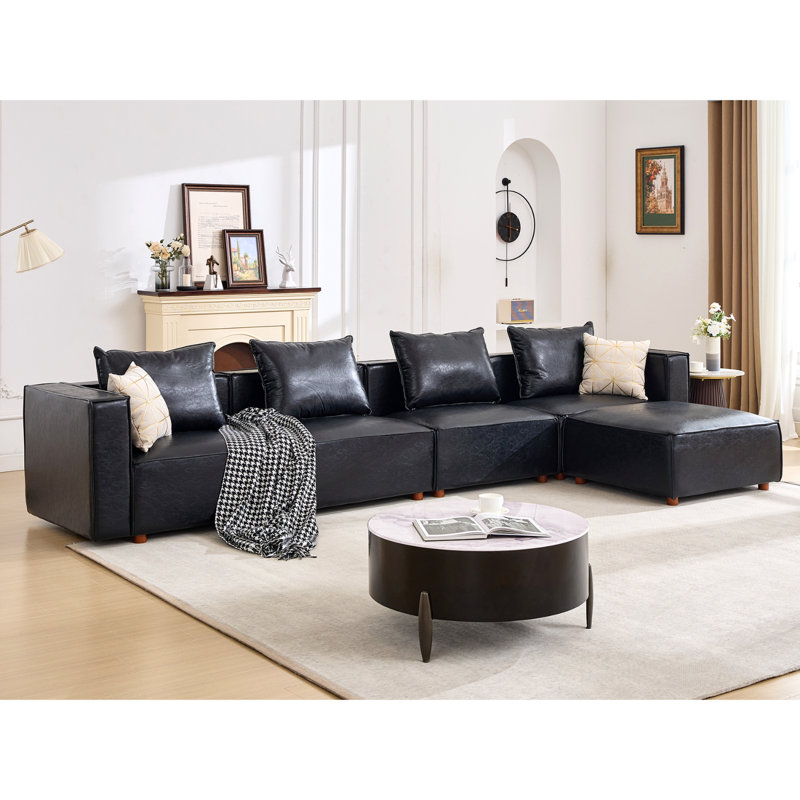 5-Piece 152.76” Wide Leather Upholstered Sectional Sofa, Black Leather