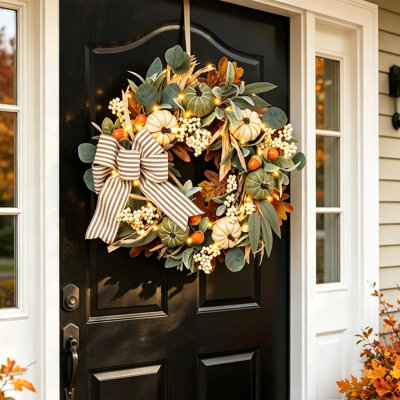 Couronne d'automne 20 pouces avec lumières de minuterie à DEL, pour la porte d'entrée du porche de la fenêtre d'entrée