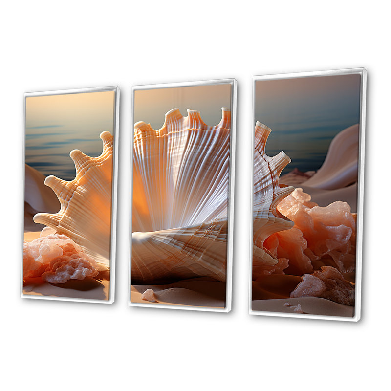Opulente, coquillages symboliques I - ensemble d'art mural coquillage, Cadre flottant blanc, H 28 po x l 36 po x P 1 po