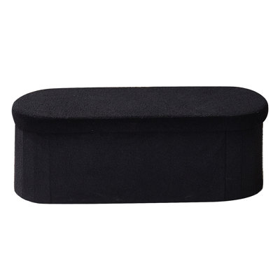 Oval Storage Ottoman Bench, Foldable Teddy Fleece End Of Bed Bench, Folding Upholstered Bed Ottoman Chest With Large Storage Space
