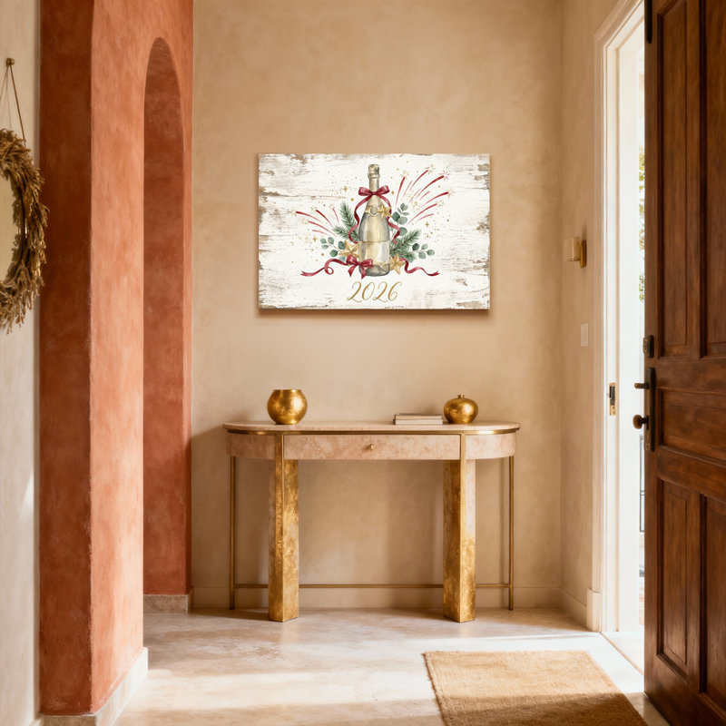 Bouteille de champagne avec ruban et étoiles - Décoration murale sur toile tendue pour les fêtes de fin d'année 2026 (1 pièce)
