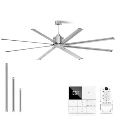 84 Inch Industrial Ceiling Fans No Lights, Large Ceiling Fan With 8 Reversible Blades, Outdoor/Indoor Industrial DC Motor Ceiling Fan With 6-Speed Remote Control For Porch Garage Shop Gym, Silver