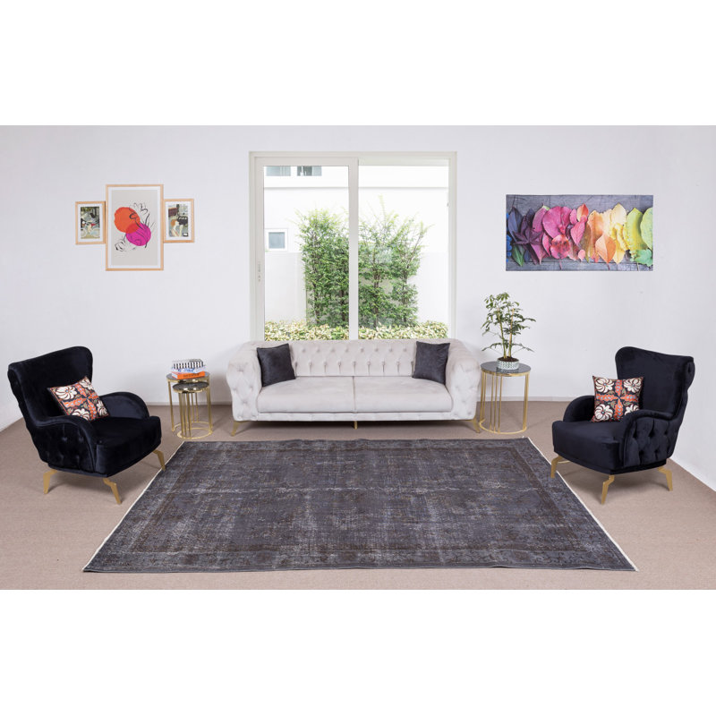 Tapis 7 x 7,7 pi sur-teint en gris pour des intérieurs modernes, fabriqué à la main en Turquie