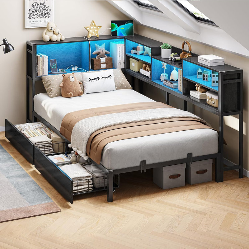 Daybed With 2 Underneath Storage Drawers And Charging Station, L-shape Corner Bed Frame With Storage Bookcase And Led Lights For Living Room, Bedroom & Guest Room