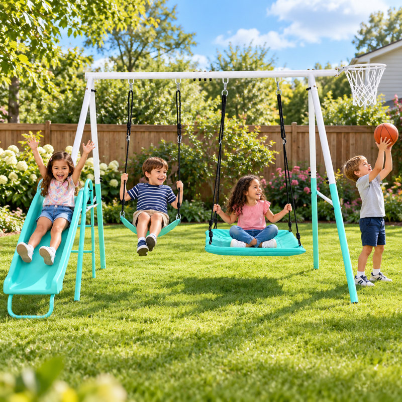 Ensemble de balançoire 4 en 1 pour enfants avec glissoire, plateforme, balançoire à ceinture et panier de basketball