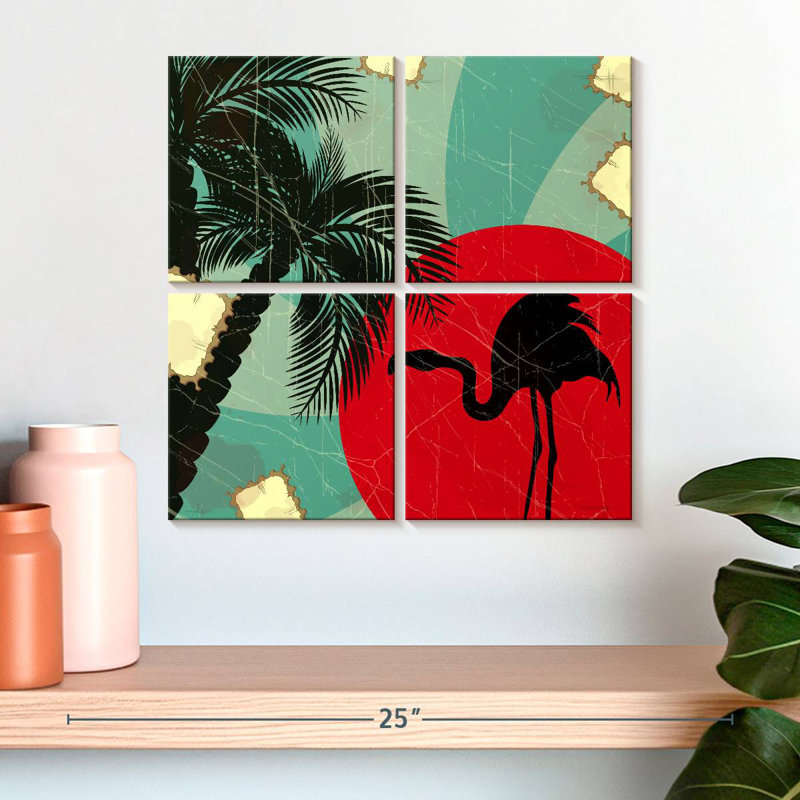 Flamant rose et palmier Brampt, H 18 po x l 18 po
