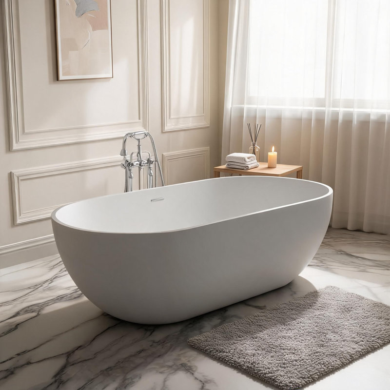 59 inch Matte White Solid Surface Freestanding Soaking Bathtub with Slip Resistant Contour