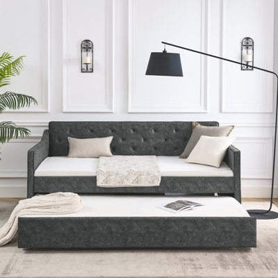 Twin Size Daybed with Trundle, Upholstered Tufted Sofa Bed with Waved Shape Arms, Grey, Space-Saving Sofa Bed for Bedroom or Living Room (80.5"x44.5"x33.5")