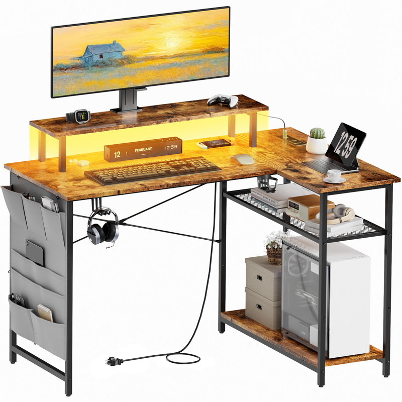 43 Inch Computer Desk with Power Outlet & LED Lights, L Shaped Desk with Storage Shelves, Corner Computer Gaming Desk Table with Monitor Stand, Home Office Desk for Bedroom, Rustic Brown
