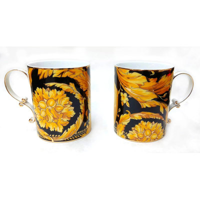 Victoria Bella Majestic Porcelain Gold Carnation 12 Oz Coffee Mugs, Luxury Porcelain Tea Cups with Golden Sputtering, 2-Piece Set