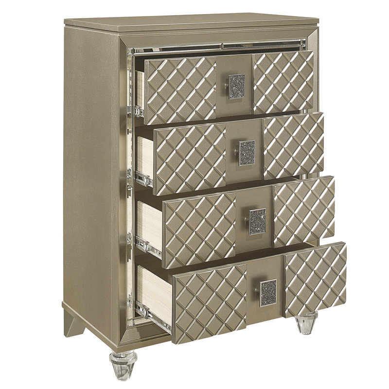 Finition champagne glamour 1 pièce commode 4 tiroirs pieds en acrylique de luxe avec garniture de miroir biseauté